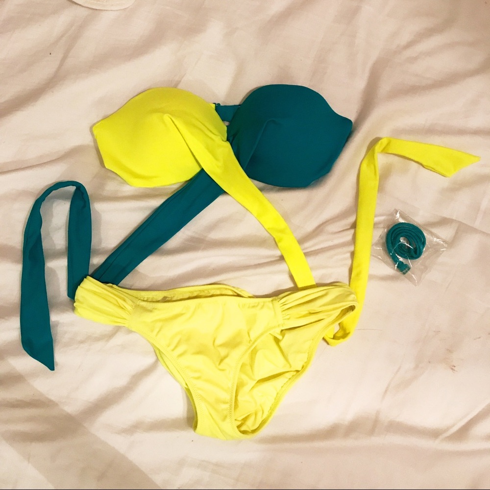 BRAND NEW Teal hi-liter yellow strapless bikini